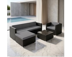 Luxe Polyrotan Lounge Set Milano met Bank, Stoel, Kruk en Glazen Tafel – Modulaire Weerbestendige Tuinmeubelset met Dikke Kussens voor Tuin, Terras en Balkon – Zwart/Grijs | medahomestore