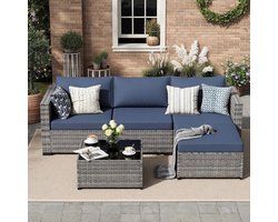Luxe Polyrotan Loungeset 5-Delig met 3-Zits Bank, Fauteuils, Glazen Tafel & Waterafstotende Kussens – Weerbestendige Rotan Tuinset voor Tuin, Balkon & Terras – Grijs Gemêleerd / Marineblauw Industrohome