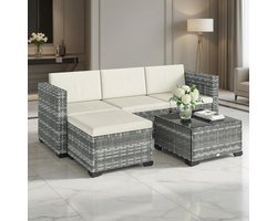 Luxe Polyrotan Tuin Loungeset 5-delig – Hoekbank met Tafel & Voetenbank – Weerbestendige Outdoor Lounge Set met Kussens – Grijs Crème – Balkon & Tuin Meubelset voor 4 Personen Medahomestore