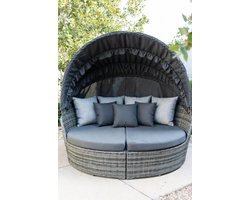 Luxe Polyrotan Zonne-Eiland met Dak – Ovale 2-Persoons Zonneligstoel met Kussens – Weerbestendige Lounge Ligbank voor Tuin, Terras & Balkon – Grijs IndustroHome