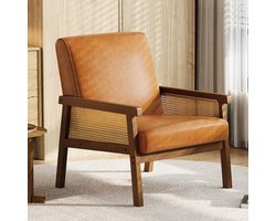 Luxe PU-Leren Fauteuil met Rotan Armleuningen - Houten Frame & Hoge Rugleuning - Vintage Leesstoel - Bruin