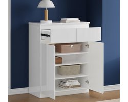 Luxe Push-to-Open Sideboard 80 cm – Witte Opbergkast met 2 Laden & 2 Deuren – Modern Hoogglans Dressoir voor Keuken, Hal & Woonkamer – 80×40×102 cm – Industrieel Bureau – Rechthoekig Schrijf- en Kantoor Tafel – Rustic Brown Zwart – Novihome