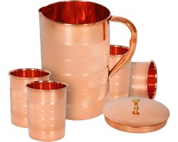 Luxe puur koperen kan met 4 glaasjes goud