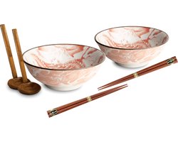 Luxe - Ramenbowlset - Draak Rood - 2 Persoons - Ramen bowl set - 6 Delig - Ø22 cm H9 cm - Ramen - Ramen bowl - Noodles - Noodles ramen - Noodle kom - Sushi stokjes - Houten Lepel - Chopsticks - Eetstokjes - Soeplepel - Kom - Schaal - Sushi servies