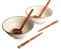 Luxe - Ramenbowlset - Kaigara Wit - 2 Persoons - Ramen bowl set - 6 Delig - Ø21 cm H9 cm - Ramen - Ramen bowl - Noodles - Noodles ramen - Noodle kom - Sushi stokjes - Houten Lepel - Chopsticks - Eetstokjes - Soeplepel - Kom - Schaal - Sushi servies