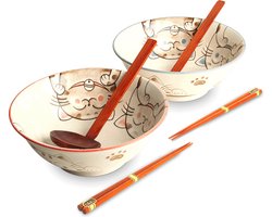 Luxe - Ramenbowlset - Katten - 2 Persoons - Ramen bowl set - 6 Delig - Ø22 cm H9 cm - Ramen - Ramen bowl - Gelukskat - Lucky cat - Noodles - Noodles ramen - Noodle kom - Sushi stokjes - Chopsticks - Eetstokjes - Soeplepel - Schaal - Sushi servies