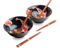 Luxe - Ramenbowlset - Koi - 2 Persoons - Ramen bowl set - 6 Delig - Ø21 cm H9 cm - Ramen - Ramen bowl - Noodles - Noodles ramen - Noodle kom - Sushi stokjes - Houten Lepel - Chopsticks - Eetstokjes - Soeplepel - Kom - Schaal - Sushi servies