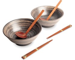 Luxe - Ramenbowlset - Uzu Bruin - 2 Persoons - Ramen bowl set - 6 Delig - Ø22 cm H9 cm - Ramen - Ramen bowl - Noodles - Noodles ramen - Noodle kom - Sushi stokjes - Chopsticks - Eetstokjes - Soeplepel - Schaal - Sushi servies