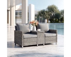 Luxe Rattan Tuinbank 2 Personen met Tafel – Polyrattan Balkonbank met Geïntegreerde Glazen Bijzettafel & Kussens-Mobili Bella