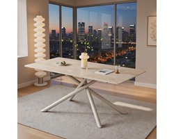 Luxe rechthoekige eettafel 180x90 cm - Modern Scandinavisch MDF-blad met metalen kruispoten - Imitatie gele travertijn - Geschikt voor 8-12 personen - Robuust & Stijlvol Design Casa Serena