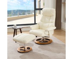 Luxe Relaxfauteuil met Massage en Verwarming - Verstelbaar met Voetenbank - 360° Draaibaar - Wit Kunstleer