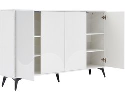 Luxe Ribbel Design Dressoir 160 cm – Moderne Witte Opbergkast met 4 Deuren, Verstelbare Planken & Metalen Poten – Houten Multifunctionele Kast voor Woonkamer, Eetkamer & Hal – Elegant Scandinavisch TV-meubel / Buffetkast