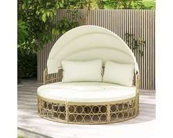 Luxe Ronde 5-delige Modulaire Rattan Lounge- & Slaapbank met Uitschuifbaar Zonnescherm – 180 x 180 x 150 cm – Tuin, Veranda & Zwembad Loungeset