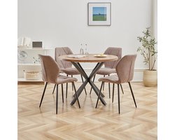 Luxe Ronde Eetgroep Set 100 cm - Tafel en 4 Linnen Stoelen - Eettafel voor Keuken, Eetkamer en Woonkamer - Donker Houtlook Casa Serena