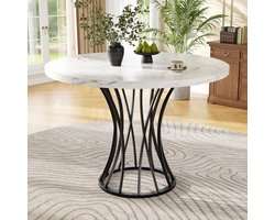 Luxe Ronde Eethoektafel (80x80 cm) met Gemarmerd Tafelblad en Zwarte Poten