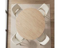 Luxe Ronde Eettafel Set 115 cm met 4 Velvet Stoelen – Modern Scandinavisch Design – Oak Look Tafelblad met Zwarte Spider Poten – 4-6 Personen Dining Set – Kras- en Hittebestendig – Beige - Ganeey
