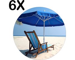 Luxe Ronde Placemat - Blauwe Stoel met Parasol op Prachting Wit Strand - Set van 6 Placemats - 50x50 cm - 2 mm dik Vinyl - Anti Slip - Afneembaar