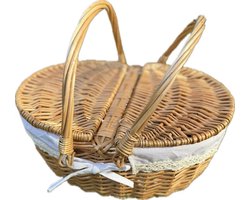 Luxe Ronde Rotan Picknickmand met Serviesset & Houten Serveerplank – Compleet 2-Persoons Picknickpakket met Deksel, Glazen en Binnenvoering