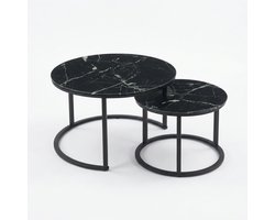 Luxe ronde salontafel set van 2 zwart marmerlook – zwart metalen frame – moderne design tafels Ø70 & Ø50 cm