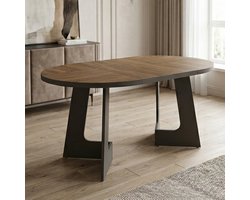 Luxe Ronde Uitschuifbare Eettafel 110–160 cm – Donker Eiken Houtlook met Zwarte Kruispoot – Ovale Design Eettafel voor 4 tot 6 Personen – Modern Eetkamertafel Meubel Ganeey