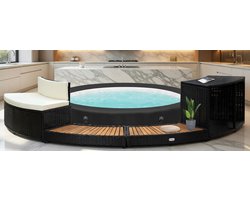 Luxe Ronde Whirlpool Bad Rand met Opbergruimte en Mini Sofa – PE Rattan & Acacia Hout – Weerbestendig, Comfortabel en Functioneel – MedaHomeStore