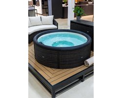 Luxe Ronde Whirlpool Rand & Spa Accessoires – Inclusief Mini Sofa met Kussen – PE Rattan & Acacia Hout – Comfortabele Outdoor Spa Rand – MedaHomeStore