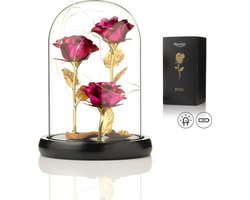 Luxe Roos in Glas met LED – 3x Gouden Roos in Brede Glazen Stolp – Moederdag - Cadeau voor vriendin moeder haar - Roze 3x Roos Brede Stolp - Qwality