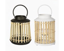 Luxe Rotan Lantaarn set van 2 stuks Bamboe - Metaal Lantaarns - Boho Windlichten met Glazen Kaarsinzet - Kaarsenhouder - Ø 18 x 24 cm - Zwart & Wit Ø 20 x 30 cm voor Binnen en Buiten / Tuin, Balkon, Woonkamer, Slaapkamer decoratie, knus / cozy set