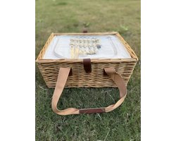 Luxe Rotan Picknickmand met Serviesset & Houten Serveerplank – Compleet 2-Persoons Picknickpakket met Draagriem, Glazen & Picknickkleed