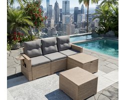 Luxe Rotan Tuinlounge Set met Opbergruimte – XXL 8-delige Hoekbank & Lounge Meubels voor Terras, Balkon en Tuin – Comfortabele Beige Lounge Sofa Zitgroep UrbanHome