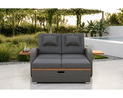 Luxe Rotan Zonne-eiland XL – Dubbel Outdoor Ligbed met Verstelbare Rugleuning (90°/135°/180°), Weerbestendige Tuin Lounge met Opbergruimte, Kussens & Voetenbank – Grijs Industrohome