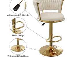 Luxe Royal-Style Barkruk – Verstelbare Hoogte, Draaibaar – Fluwelen Zitting met Gouden Poten, Stevige Ronde Kruk voor Keuken, Home Bar of Café – Elegant Design in Goud & Wit