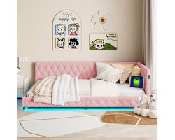Luxe Roze Teddy Tweepersoonsbed 140x200 cm – LED Rondom Onderbed, USB & Type-C, Comfortabel Sofa Bed