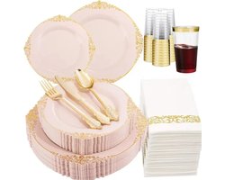 Luxe roze/gouden plastic tafelservies voor 25 personen - 175-delig - herbruikbaar en stevig - voor bruiloften en andere feesten - feestservies