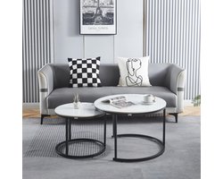 Luxe Salontafel Set - Wit Hoogglans marmer look Steen & Zwarte Poten - Ø70 & Ø50cm - Marmerlook - Ronde salontafel Bijzettafel - Sterk & Stijlvol - Salontafel zwart