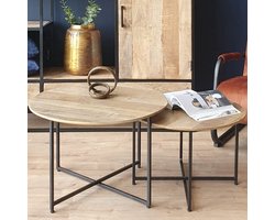 Luxe Salontafelset Rond set van 2 Mangohout - Bijzettafels Set van 2 - Salontafel Zwart Rond - Bijzettafeltjes Woonkamer - Salon Tafel Mangohout Rond - Salontafel industrieel Landelijk - Tafeltje Set 2 stuks Hout kleurig - 70cm