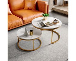 Luxe Salontafelset - Set van 2 Ronde Tafels - Wit Marmerlook en Goud