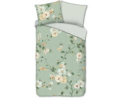 Luxe Satijnen Dekbedovertrek 140x220 cm - Bloemen en Vogels Print - Groen - 1 Persoons - 100% Katoen-Satijn