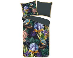 Luxe Satijnen Dekbedovertrek 155x220 cm - Bloemen en Vogels Print - Antraciet - 1 Persoons - 100% Katoen-Satijn