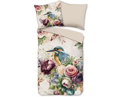 Luxe Satijnen Dekbedovertrek 155x220 cm - Bloemen en Vogels Print - Zand - 1 Persoons - 100% Katoen-Satijn