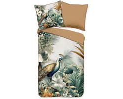 Luxe Satijnen Dekbedovertrek 155x220 cm - Pauwen en Bladeren Print - Multi - 1 Persoons - 100% Katoen-Satijn