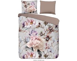 Luxe Satijnen Dekbedovertrek 200x220 cm - Bloemenprint - Grijs - 2 Persoons - 100% Katoen-Satijn