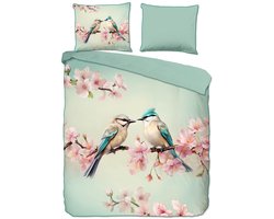 Luxe Satijnen Dekbedovertrek 200x220 cm - Vogels en Bloesem Print - Mint - 2 Persoons - 100% Katoen-Satijn