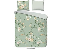 Luxe Satijnen Dekbedovertrek 240x220 cm - Bloemen en Vogels Print - Groen - 2 Persoons - 100% Katoen-Satijn