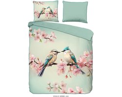 Luxe Satijnen Dekbedovertrek 240x220 cm - Vogels en Bloesem Print - Mint - 2 Persoons - 100% Katoen-Satijn