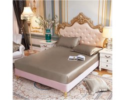 Luxe satijnen hoeslaken van ijszijde met elastische band voor dikke matras, high-end effen kleur lakentje 160 x 200 formaat bevat 2 kussenslopen, zacht en koel beddengoed optie