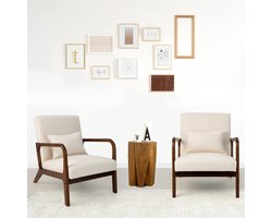 Luxe Scandinavische Beige Lounge Fauteuil met Houten Armleuningen 65 x 79 x 77 cm – Ergonomische Eenpersoons Design Stoel met Kussen & Comfort Foam