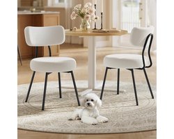 Luxe Scandinavische Gestoffeerde Eetkamerstoelen Set van 2 – Crème Wit Fleece, 59x48,5x82,5 cm Comfort Stoelen met Stalen Frame en Gebogen Rugleuning