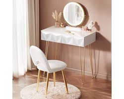 Luxe Schminktisch mit LED Beleuchtung & Samtstuhl – Moderner Frisiertisch mit Spiegel, 3 Lichtfarben, 2 Schubladen, Weiß Hochglanz & Goldene Metallbeine – Eleganter Kosmetiktisch für Schlafzimmer 80 cm HomeByNicole