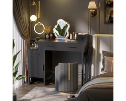 Luxe Schminktisch Zwart – Moderne Kaptafel Zonder Spiegel met Ingebouwde Ladestation, 2x USB + Stopcontact, 4 Lades & Omkeerbare Kastdeur – Compacte Make-uptafel met Grote Opbergruimte voor Slaapkamer of Kledingkamer HomeByNicole